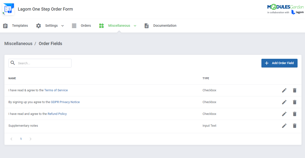 Lagom One Step Order Form For WHMCS 1.2.X: Order Fields list with Add Order Field button and checkbox fields
