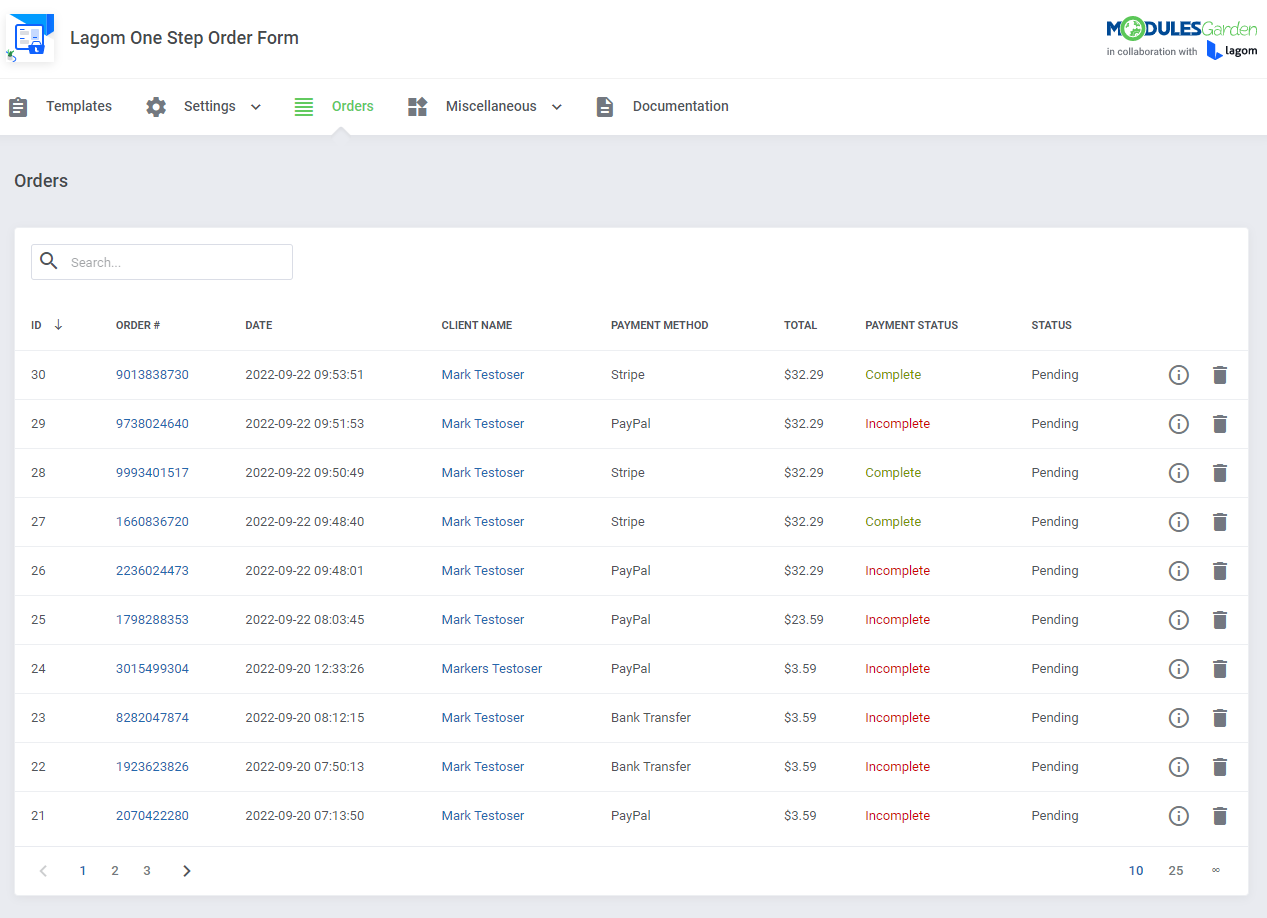 Lagom One Step Order Form For WHMCS 1.2.X: Orders list with order numbers, payment status, details and delete icons