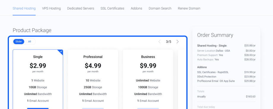 Lagom One Step Order Form For WHMCS 1.2.X: Package Slider enabled in the client area with the Slider and All switch