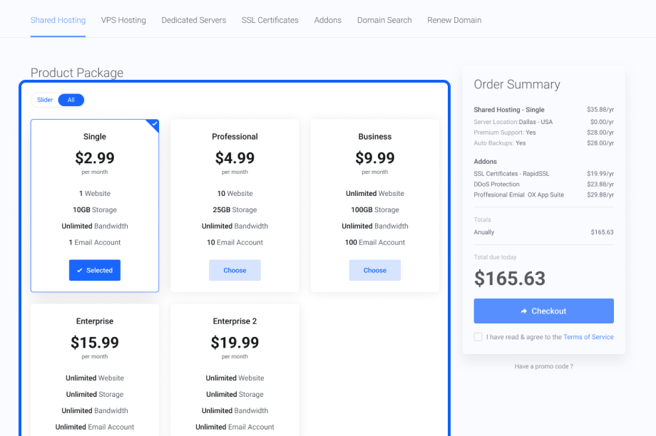 Lagom One Step Order Form For WHMCS 1.2.X: package slider switched to All, with all products shown in multiple rows