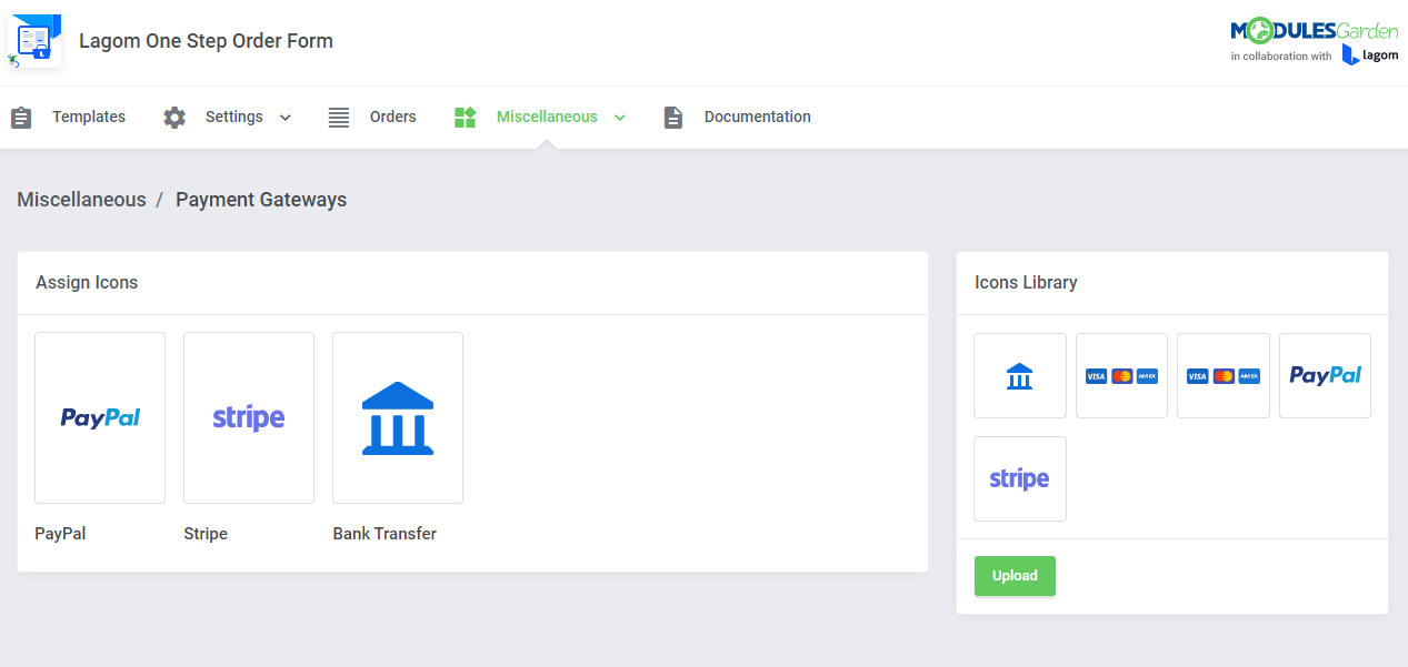 Lagom One Step Order Form For WHMCS 1.2.X: Miscellaneous Payment Gateways page with Assign Icons and Icons Library