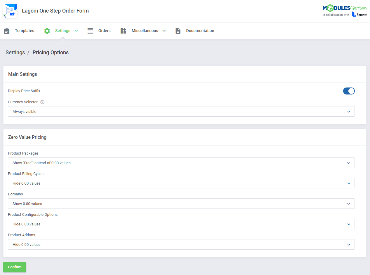 Lagom One Step Order Form For WHMCS 1.2.X: Pricing Options settings with Zero Value Pricing dropdowns