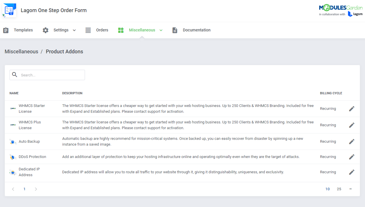 Lagom One Step Order Form For WHMCS 1.2.X: Miscellaneous Product Addons list with images, descriptions and billing