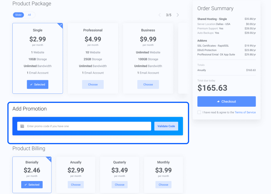 Lagom One Step Order Form For WHMCS 1.2.X: Add Promotion section with promo code field above the Product Billing section