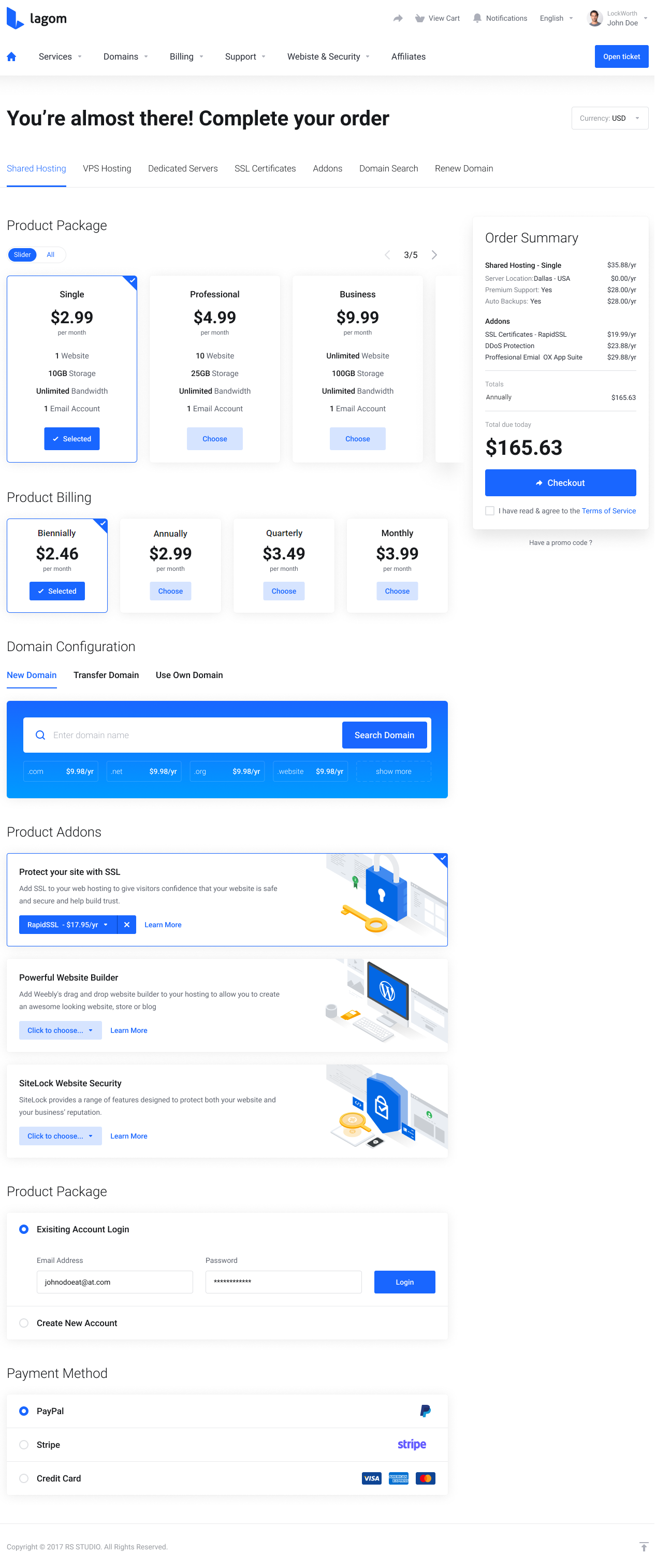 Lagom One Step Order Form For WHMCS 1.2.X: Sidebar layout in the client area with the Order Summary box on the right