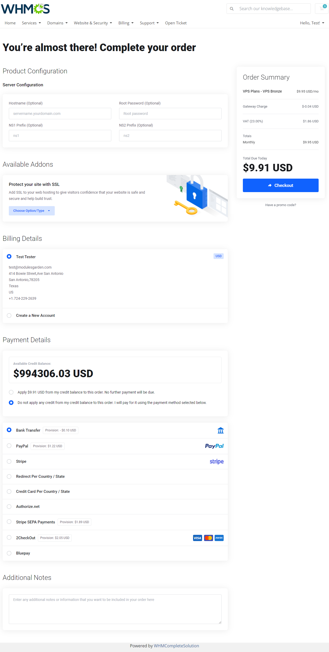 Lagom One Step Order Form For WHMCS 1.2.X: Two Steps order form second step with configuration, billing, payment and