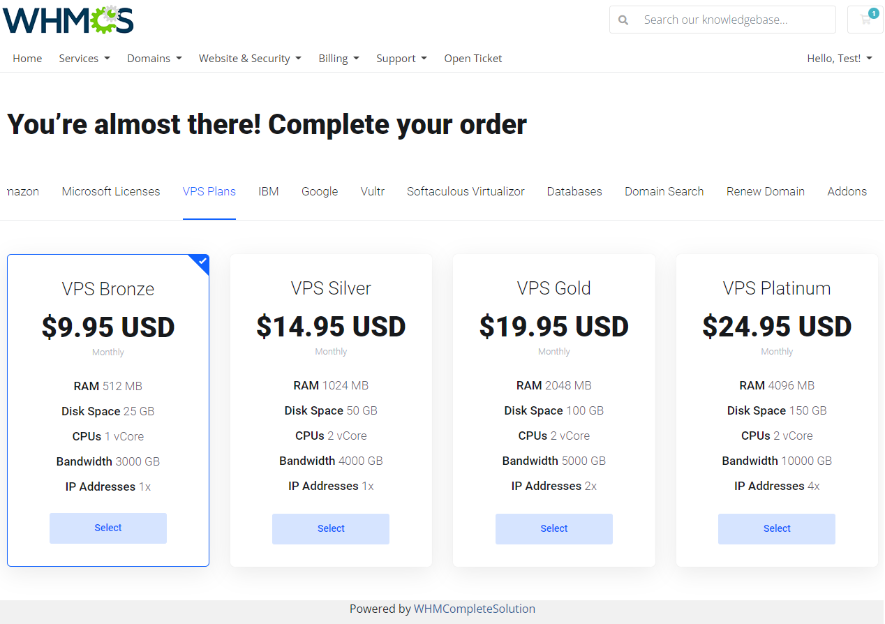 Lagom One Step Order Form For WHMCS 1.2.X: Two Steps order form first step with VPS plan product packages