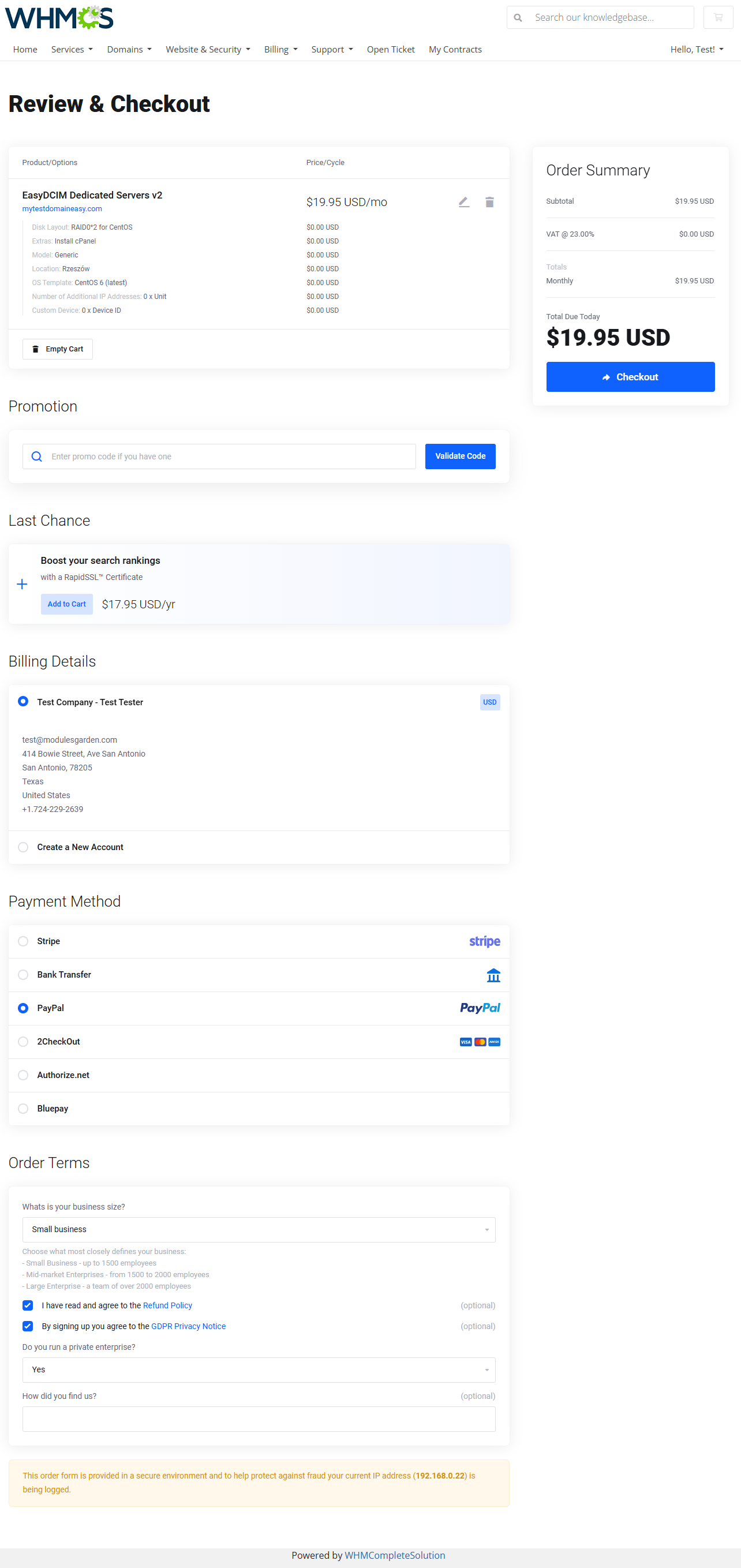 Lagom One Step Order Form For WHMCS 1.2.X: WHMCS Review and Checkout page with billing, payment method and order terms