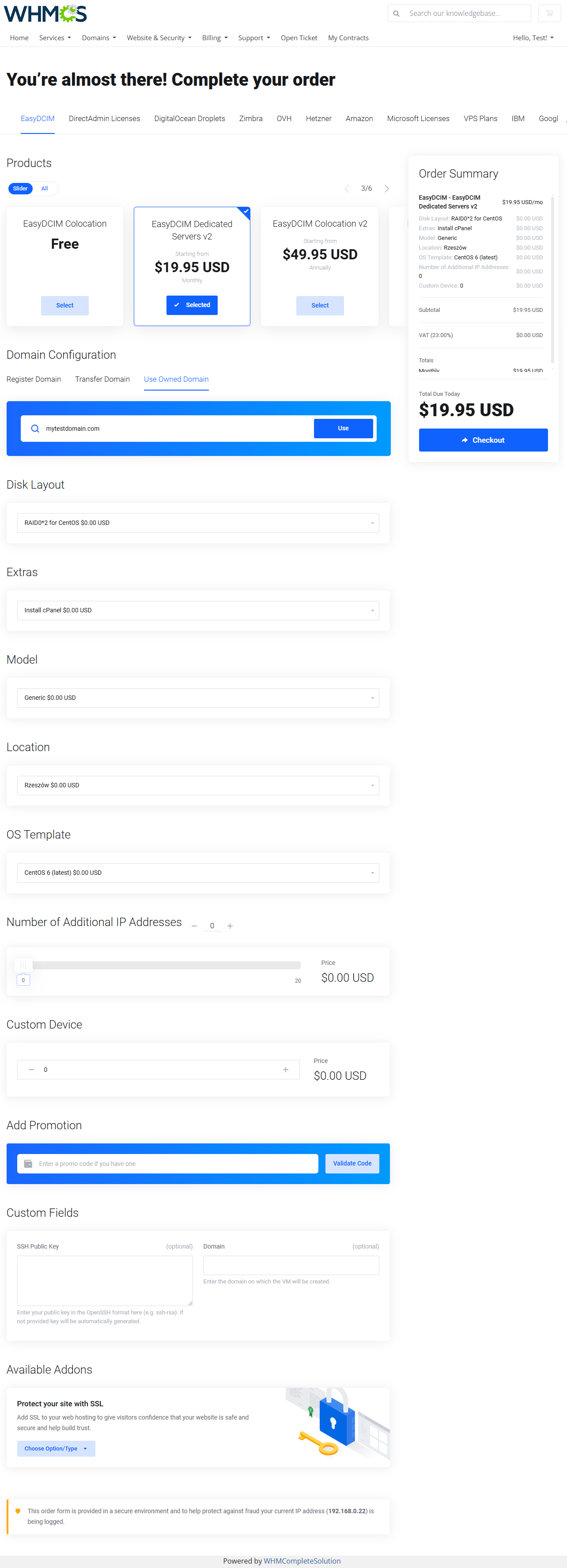 Lagom One Step Order Form For WHMCS 1.2.X: View Cart mode page with product configuration and Order Summary on the right