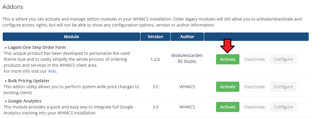 Lagom One Step Order Form For WHMCS 1.2.X: WHMCS Addon Modules list with the Activate button next to the module