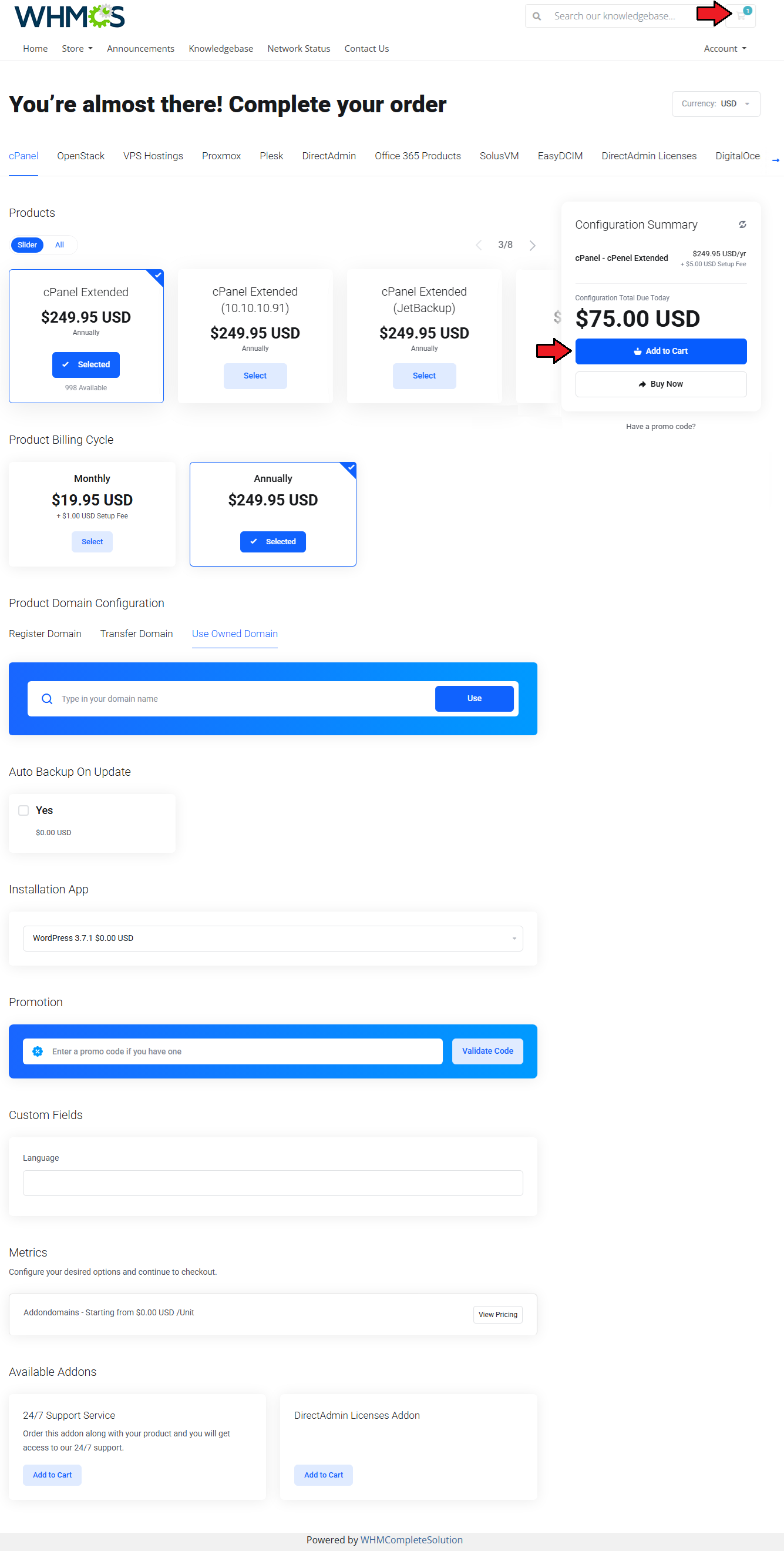 Lagom Smart Order Form For WHMCS: cPanel order form with arrows on the Add to Cart button and the cart icon
