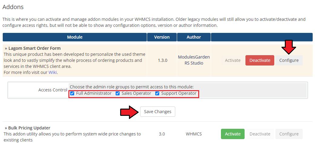 Lagom Smart Order Form For WHMCS: module access control in WHMCS Addon Modules with admin role checkboxes and Save