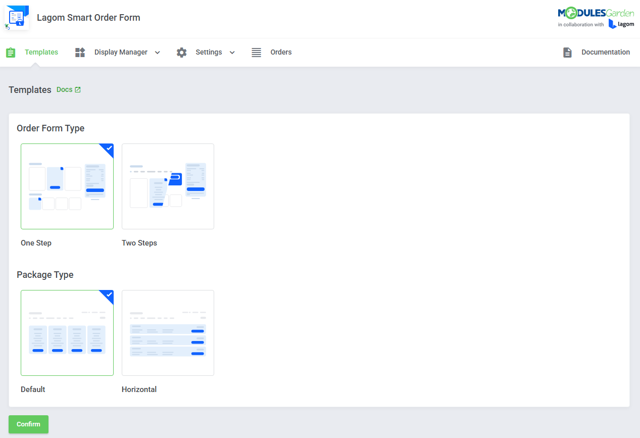 Lagom Smart Order Form For WHMCS: addon Templates page with order form type and package type options