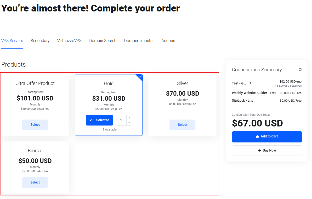 Lagom Smart Order Form For WHMCS: order page with all product packages displayed in multiple rows