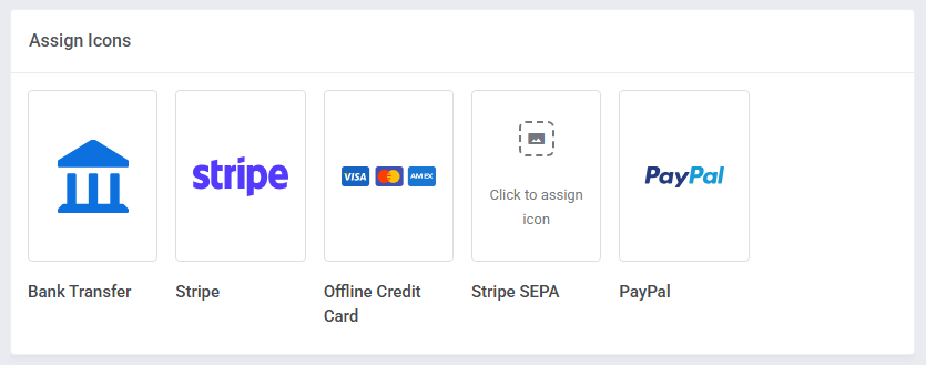 Lagom Smart Order Form For WHMCS: Assign Icons panel with gateway boxes and the Click to assign icon box