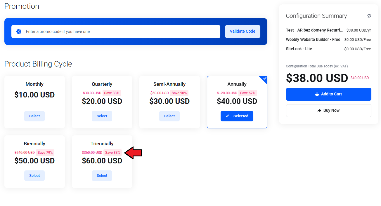 Lagom Smart Order Form For WHMCS: billing cycles with Save percentage labels and an arrow on the Triennially option