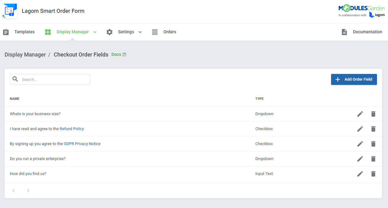 Lagom Smart Order Form For WHMCS: Checkout Order Fields list with the Add Order Field button