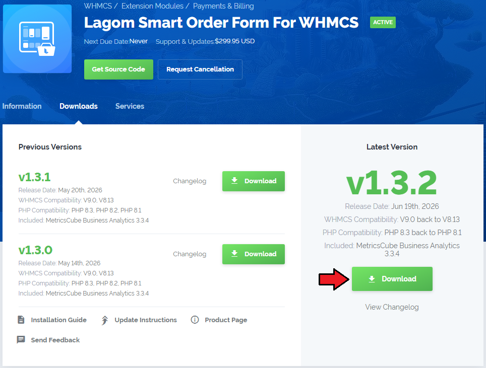 Lagom Smart Order Form For WHMCS: module download page in the client area with the Download button for the latest