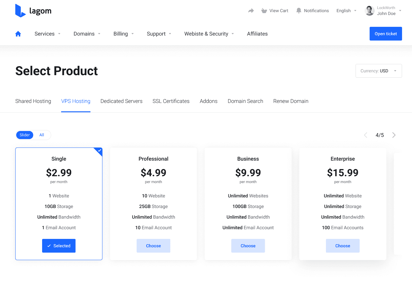 Lagom Smart Order Form For WHMCS: client area product list in the Default package type with Choose buttons
