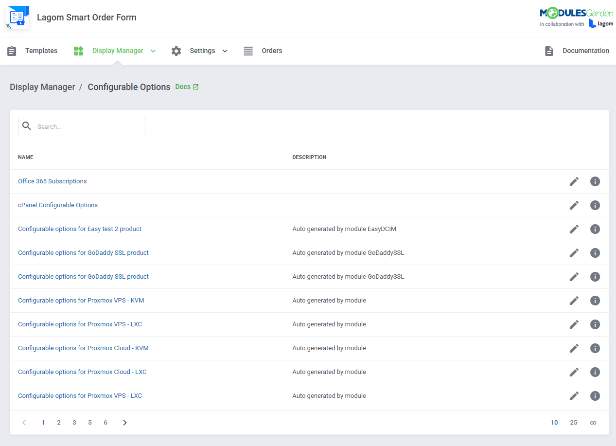 Lagom Smart Order Form For WHMCS: Display Manager list of configurable options groups with edit and info icons