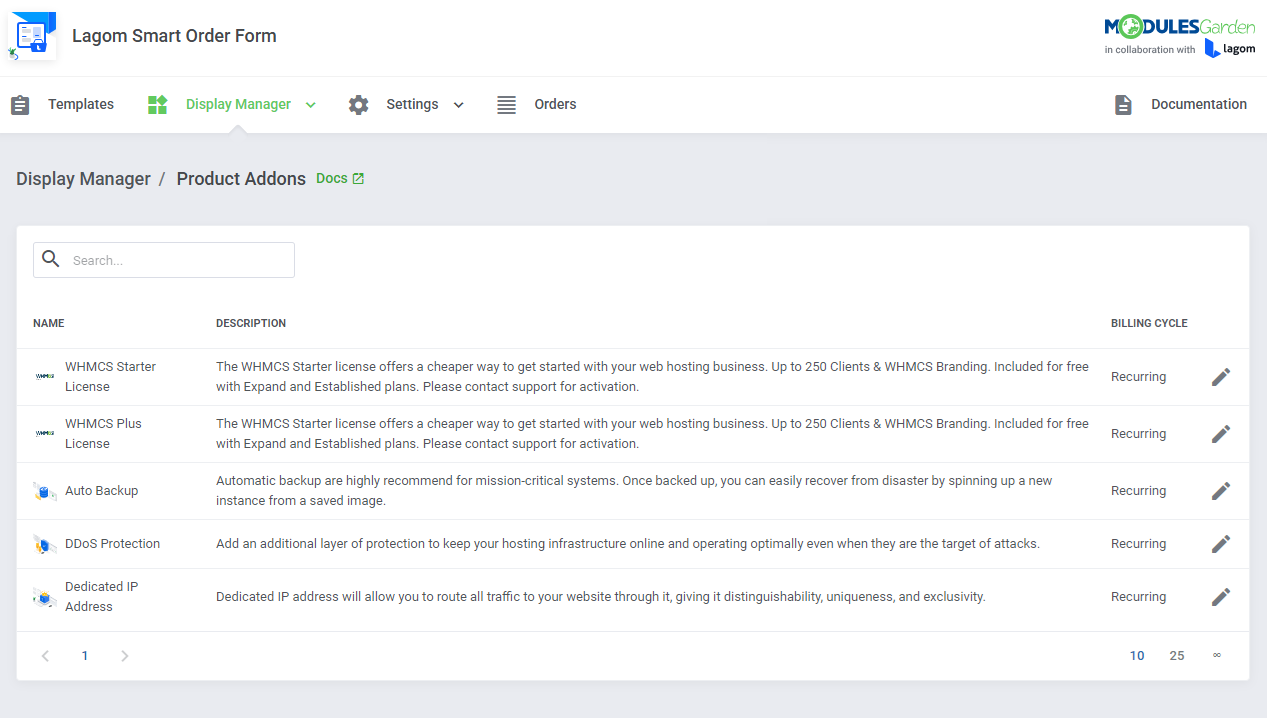 Lagom Smart Order Form For WHMCS: Display Manager Product Addons list with descriptions, billing cycles and edit icons