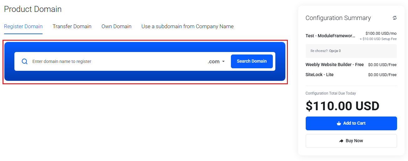 Lagom Smart Order Form For WHMCS: Register Domain tab with only the domain search bar and no extensions shown