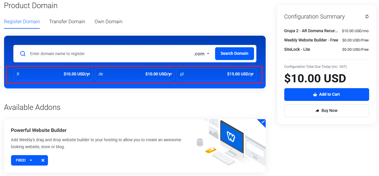 Lagom Smart Order Form For WHMCS: Register Domain tab with highlighted domain spotlights for .fr, .de and .pl