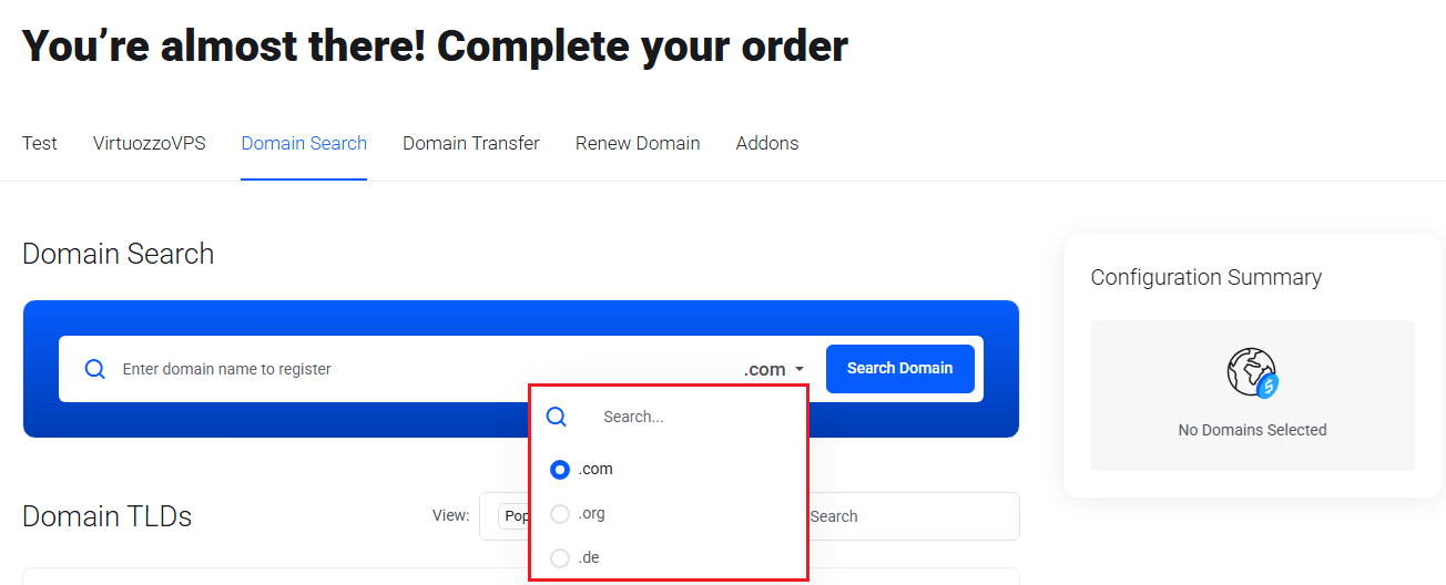 Lagom Smart Order Form For WHMCS: domain search with the highlighted TLD dropdown list