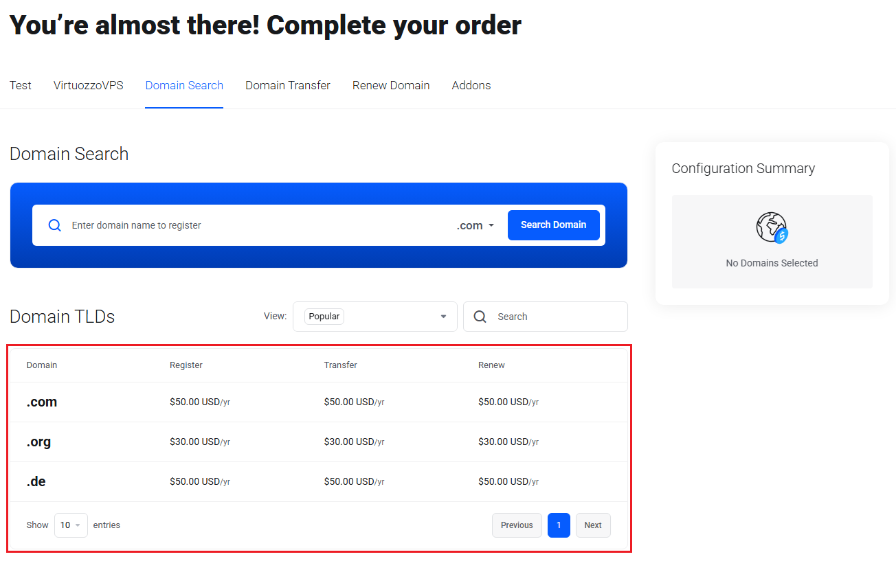 Lagom Smart Order Form For WHMCS: Domain Search page with the highlighted Domain TLDs pricing table