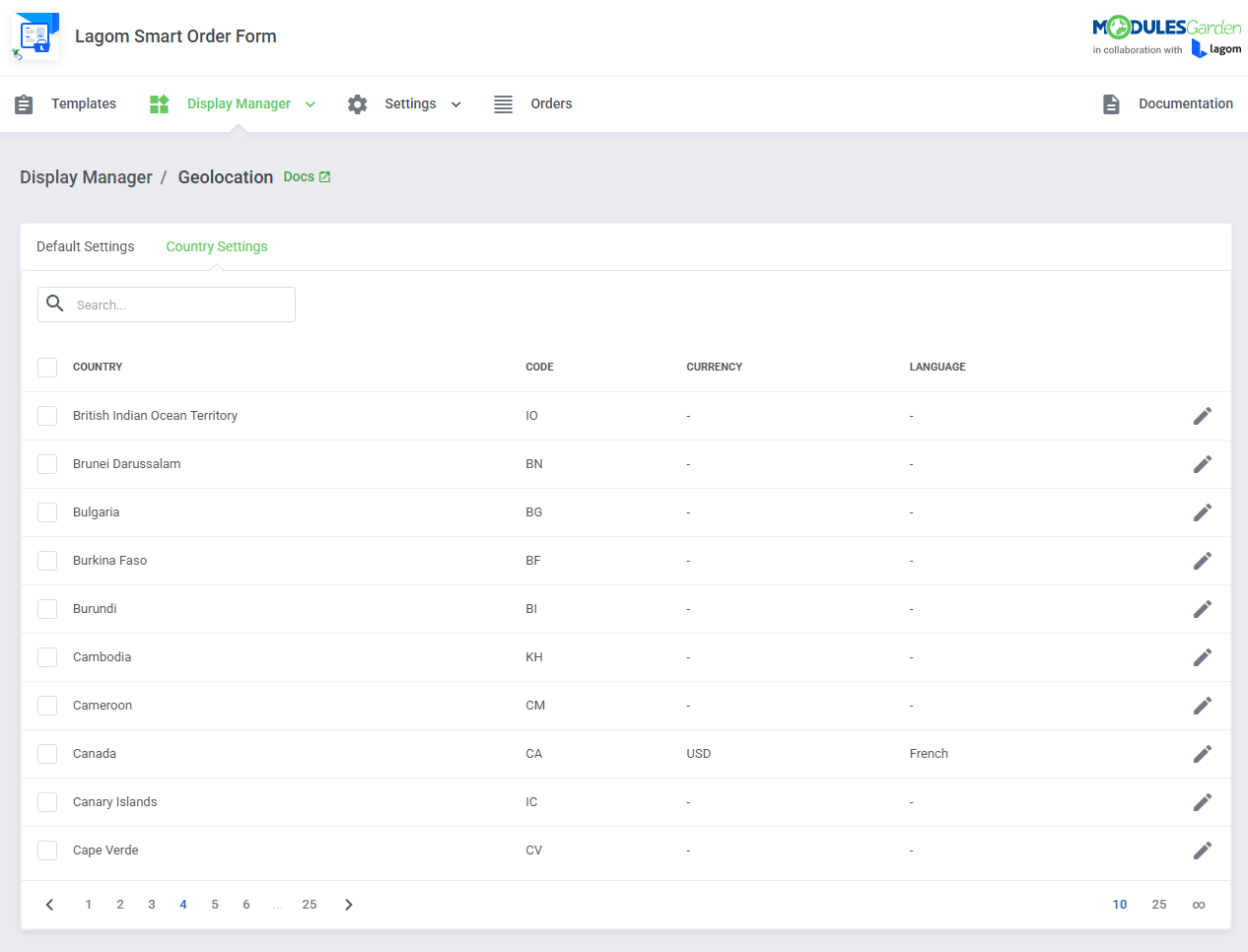 Lagom Smart Order Form For WHMCS: Geolocation Country Settings tab with the country list, currency and language