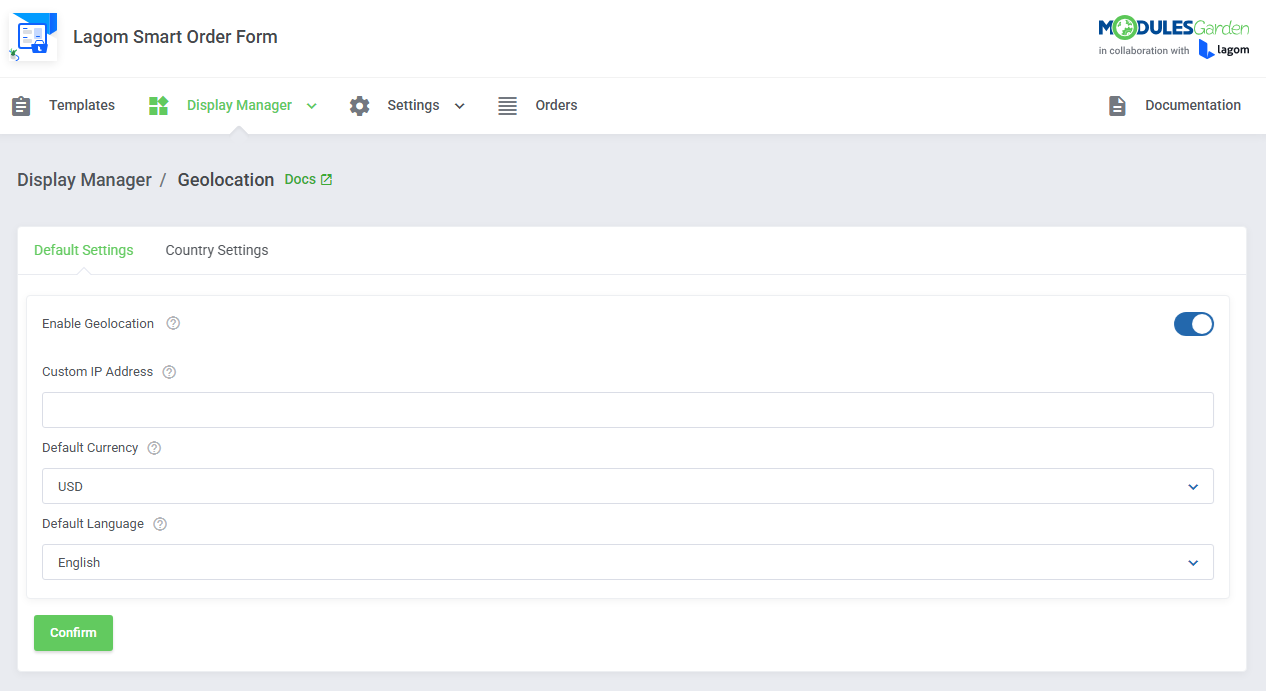 Lagom Smart Order Form For WHMCS: Geolocation Default Settings tab with currency, language and custom IP address