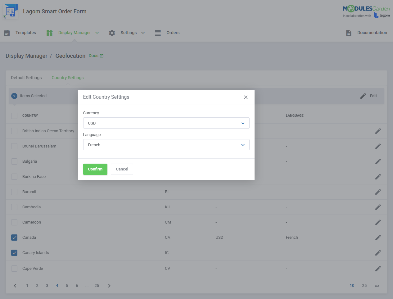 Lagom Smart Order Form For WHMCS: Edit Country Settings dialog for two selected countries with currency and language