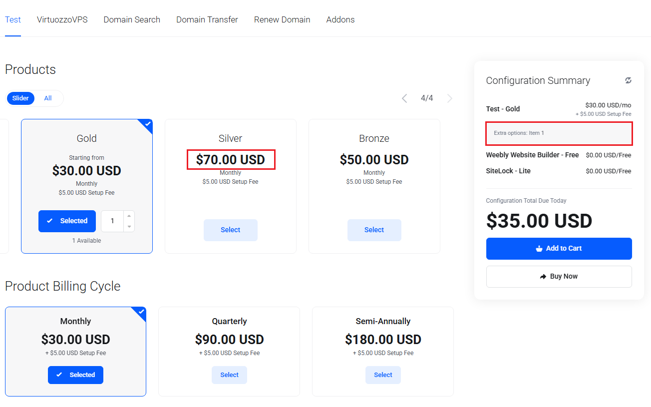 Lagom Smart Order Form For WHMCS: Horizontal package type client area view with highlighted price and extra options