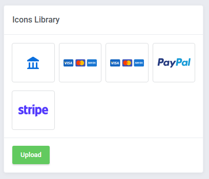 Lagom Smart Order Form For WHMCS: Icons Library panel with uploaded gateway logos and the Upload button