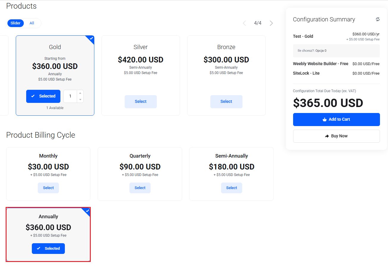 Lagom Smart Order Form For WHMCS: order page with the Annually billing cycle highlighted as the selected one