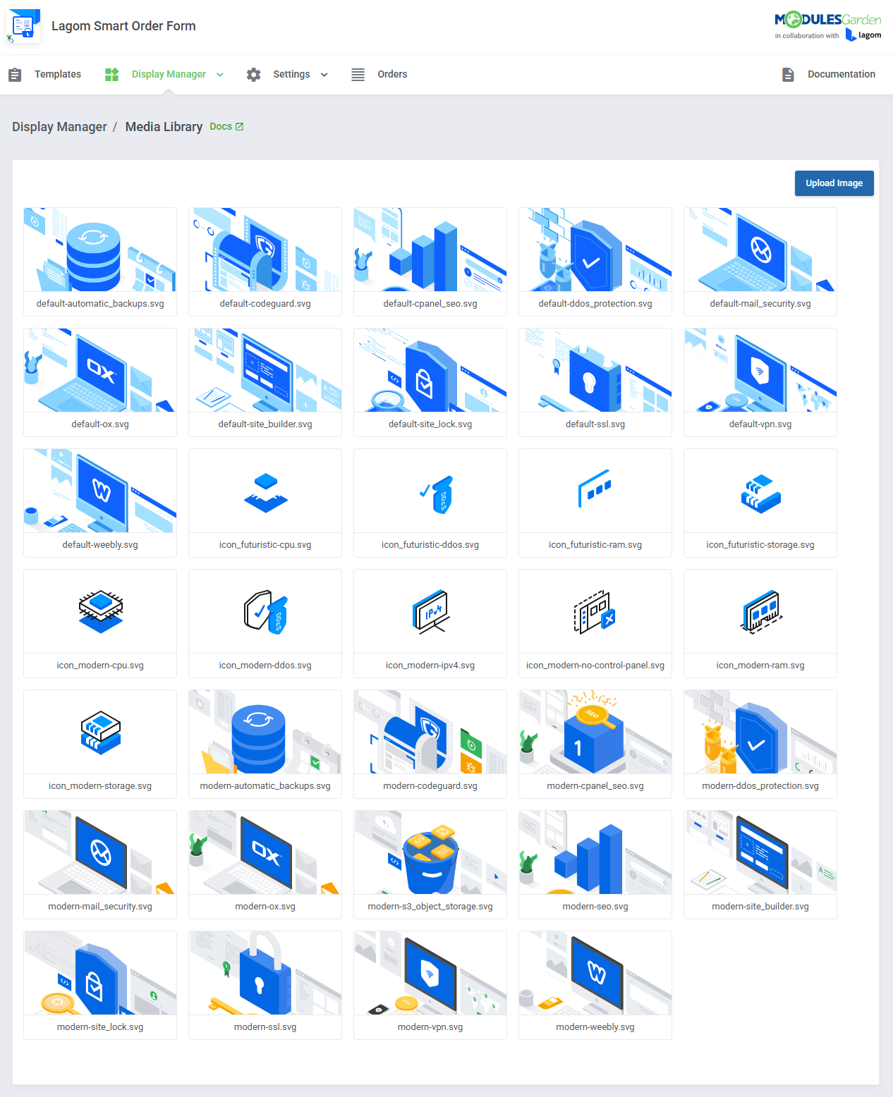 Lagom Smart Order Form For WHMCS: Media Library page with the uploaded gallery graphics and the Upload Image button