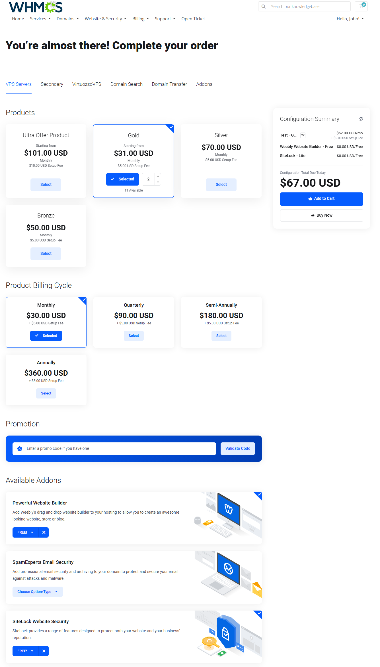 Lagom Smart Order Form For WHMCS: One Step order form with Default package type, billing cycles and available addons