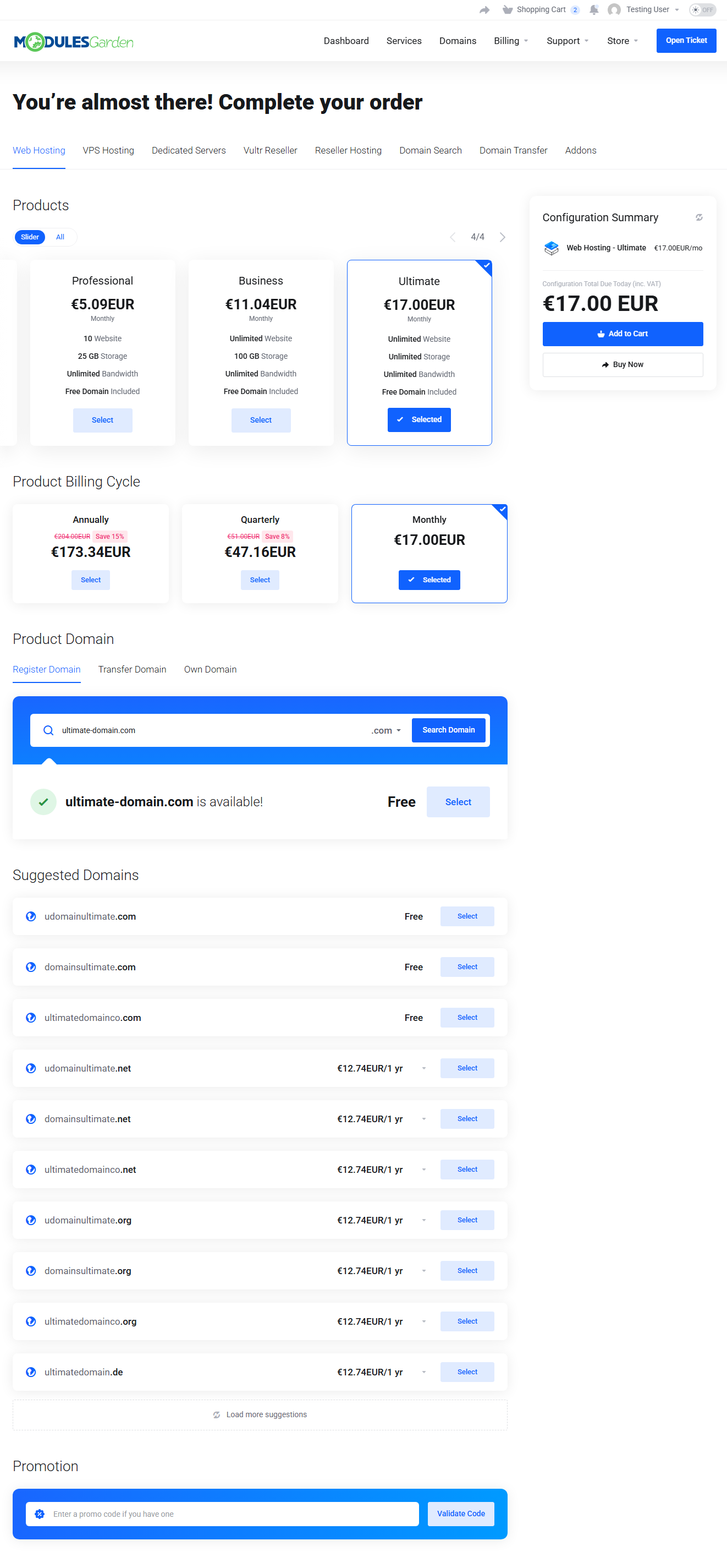 Lagom Smart Order Form For WHMCS: One Step order form in the client area with product slider and configuration summary