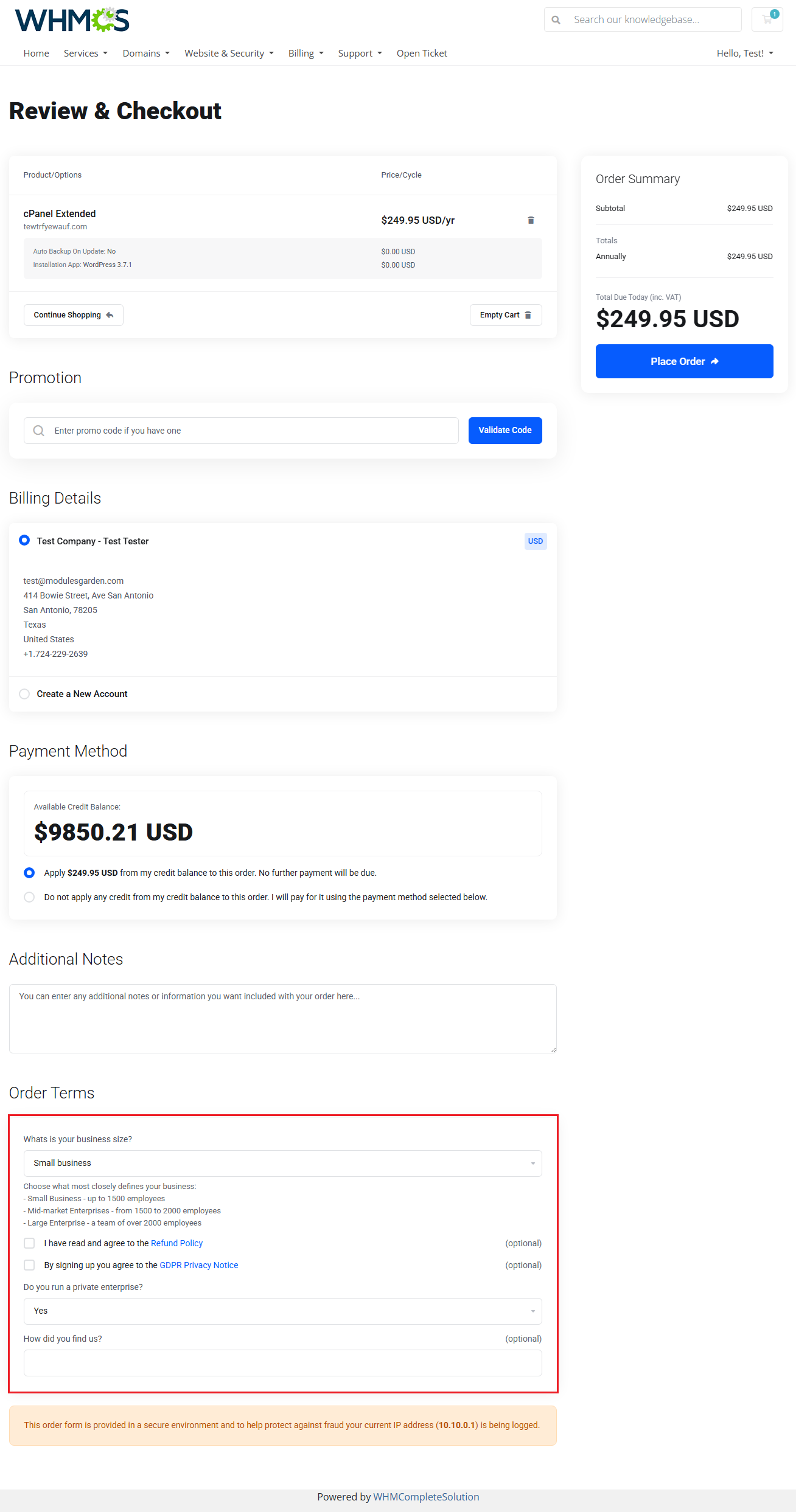 Lagom Smart Order Form For WHMCS: custom order fields shown in the Order Terms section of Review and Checkout