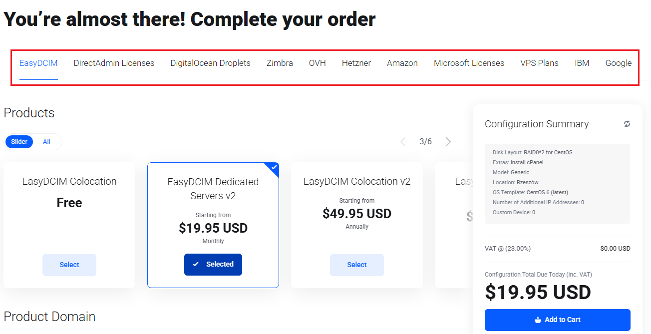 Lagom Smart Order Form For WHMCS: order page with highlighted navigation tabs above the product list