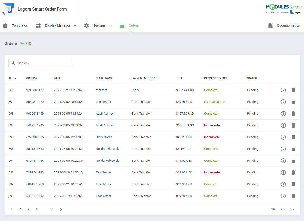 Lagom Smart Order Form For WHMCS: Orders page with the table of orders, payment status and delete icons
