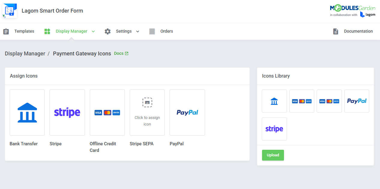 Lagom Smart Order Form For WHMCS: Payment Gateway Icons page with assigned icons and the Icons Library