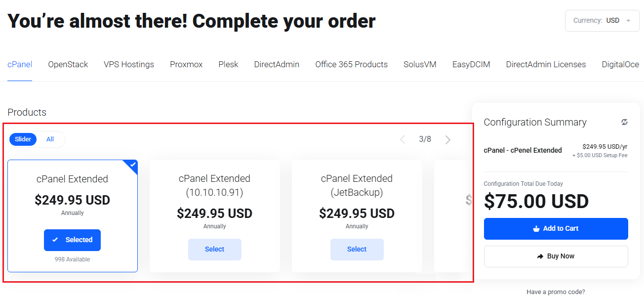 Lagom Smart Order Form For WHMCS: order page with the highlighted product package slider and configuration summary