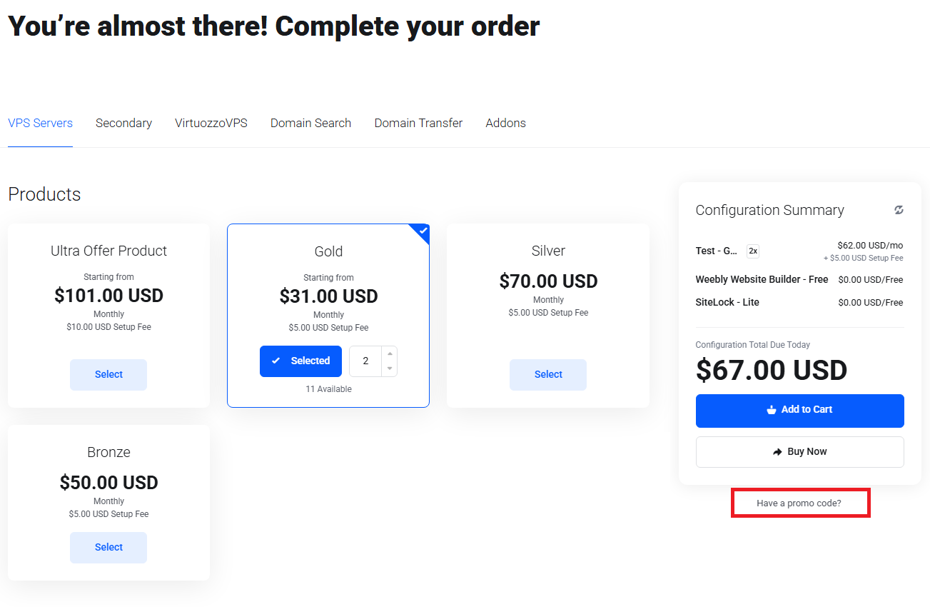Lagom Smart Order Form For WHMCS: order page with the Have a promo code link below the configuration summary
