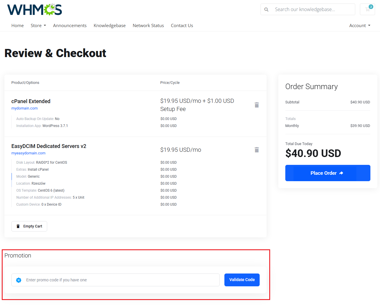 Lagom Smart Order Form For WHMCS: Review and Checkout page with the highlighted Promotion code field