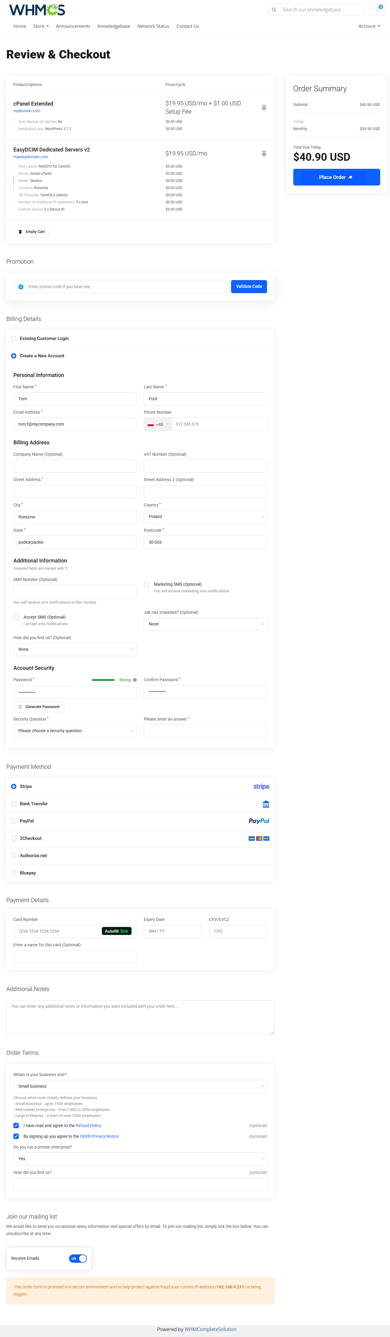 Lagom Smart Order Form For WHMCS: Review and Checkout page with cart items, billing details, payment method and order