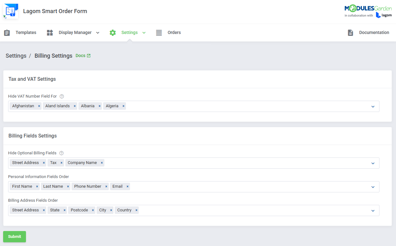 Lagom Smart Order Form For WHMCS: Billing Settings page with VAT, optional billing fields and field order options