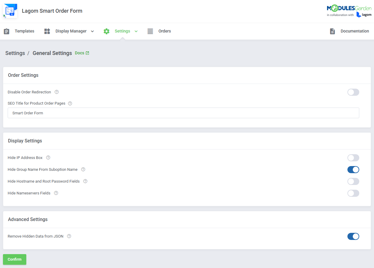 Lagom Smart Order Form For WHMCS: General Settings page with order, display and advanced settings switches