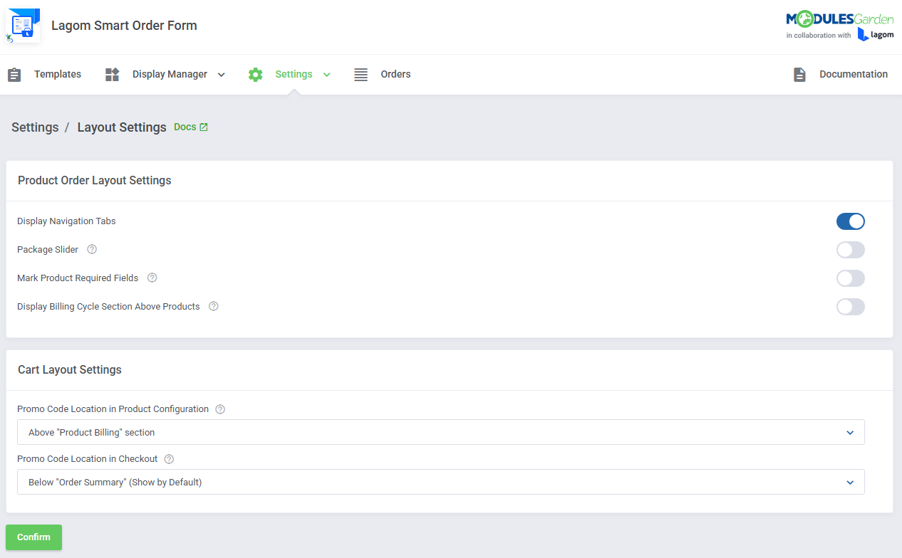 Lagom Smart Order Form For WHMCS: Layout Settings page with product order and cart layout options