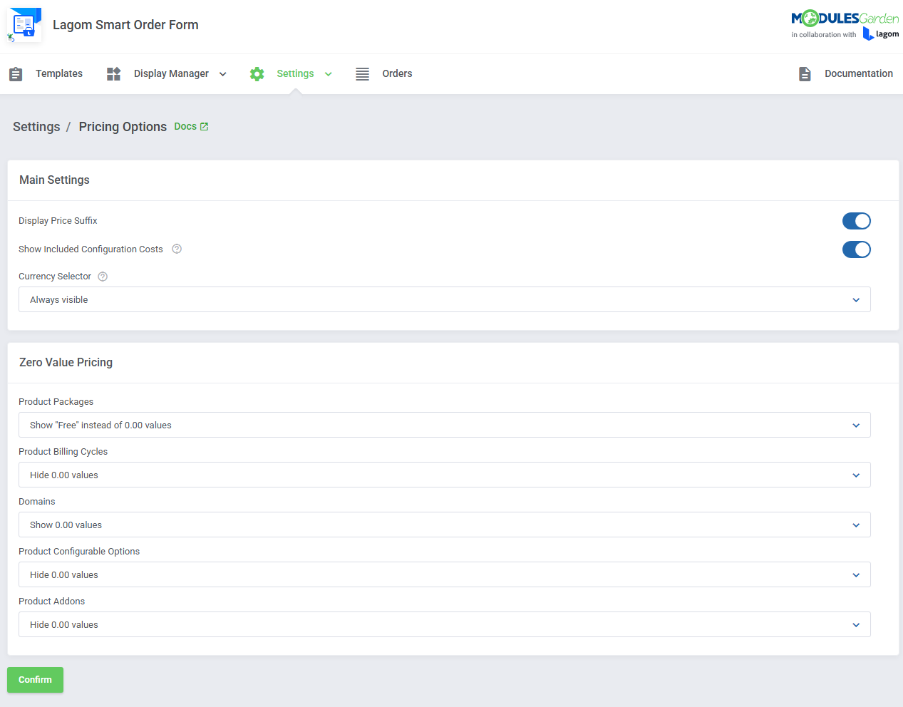 Lagom Smart Order Form For WHMCS: Pricing Options page with price suffix and zero value pricing selects